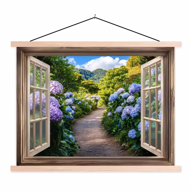 Doorkijk - Hortensia - Pad - Natuur textielposter latten blank klein -3d