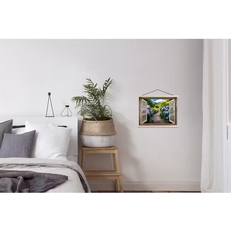 Doorkijk - Hortensia - Pad - Natuur textielposter latten blank klein -woonkamer
