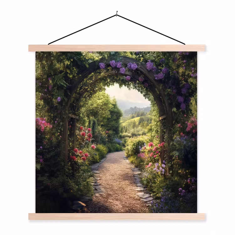 Doorkijk - Landschap - Bloemen - Tuinboog - Natuur textielposter latten blank klein -3d
