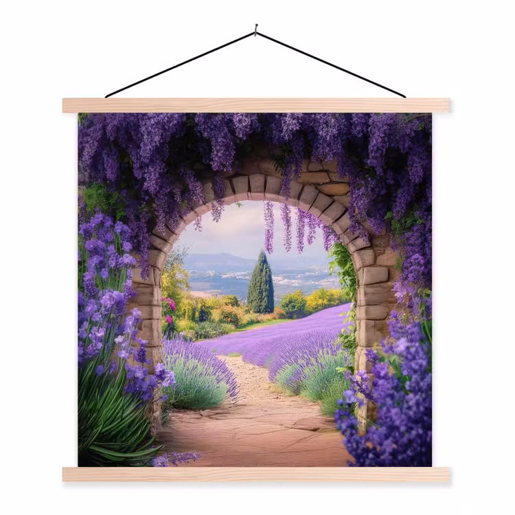 Doorkijk - Lavendel - Bloemen - Paars - Poort textielposter latten blank klein -3d