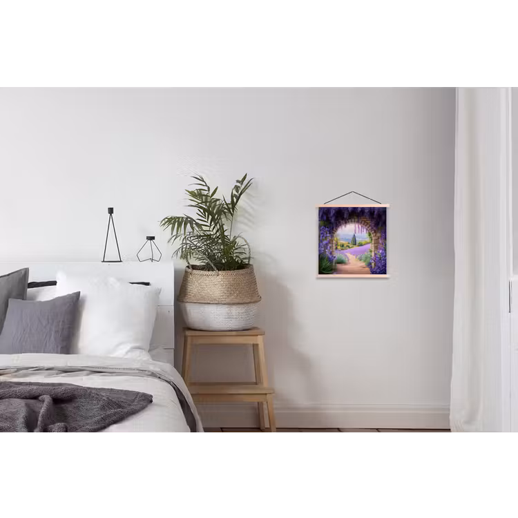 Doorkijk - Lavendel - Bloemen - Paars - Poort textielposter latten blank klein -woonkamer