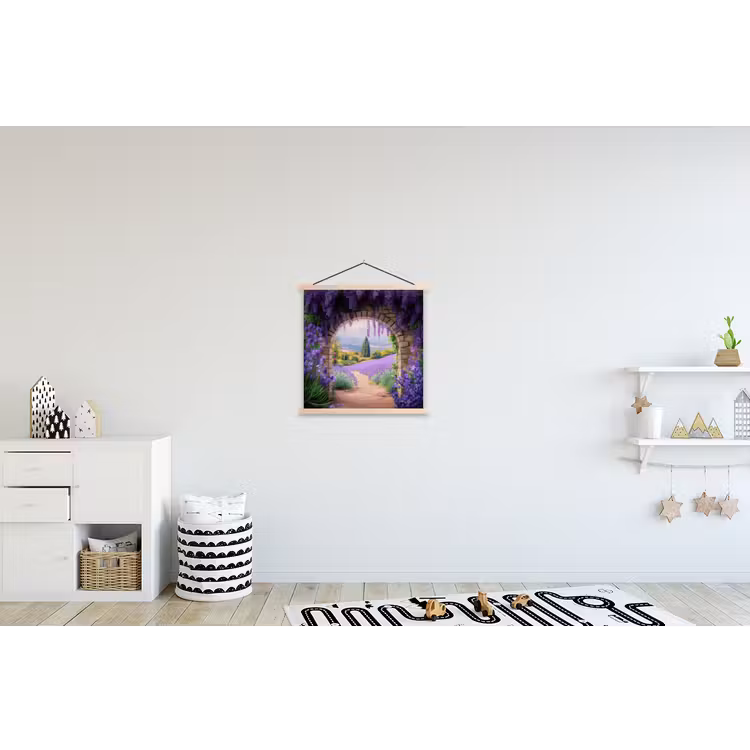 Doorkijk - Lavendel - Bloemen - Paars - Poort textielposter latten blank klein -kinderkamer