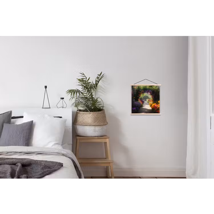 Doorkijk - Pad - Bloemen - Struik - Kleurrijk textielposter latten blank klein -woonkamer