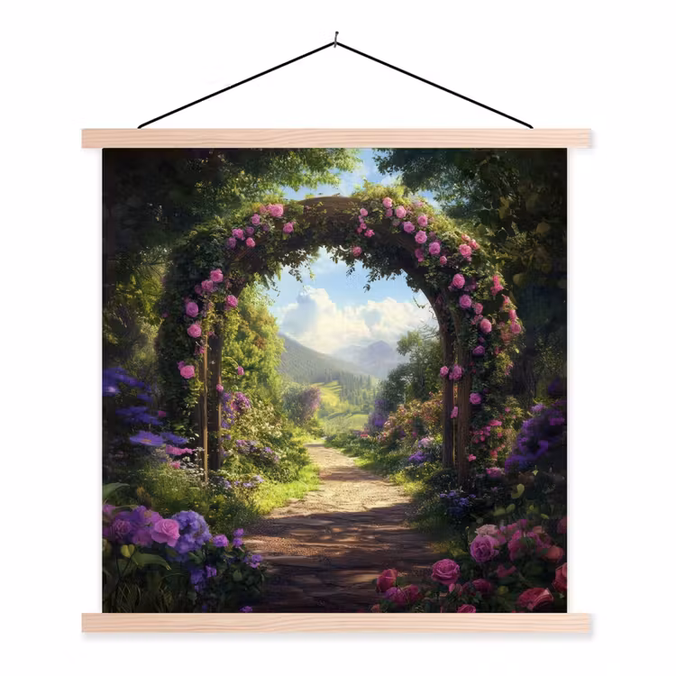 Doorkijk - Rozenboog - Uitzicht - Landschap - Bloemen textielposter latten blank klein -3d