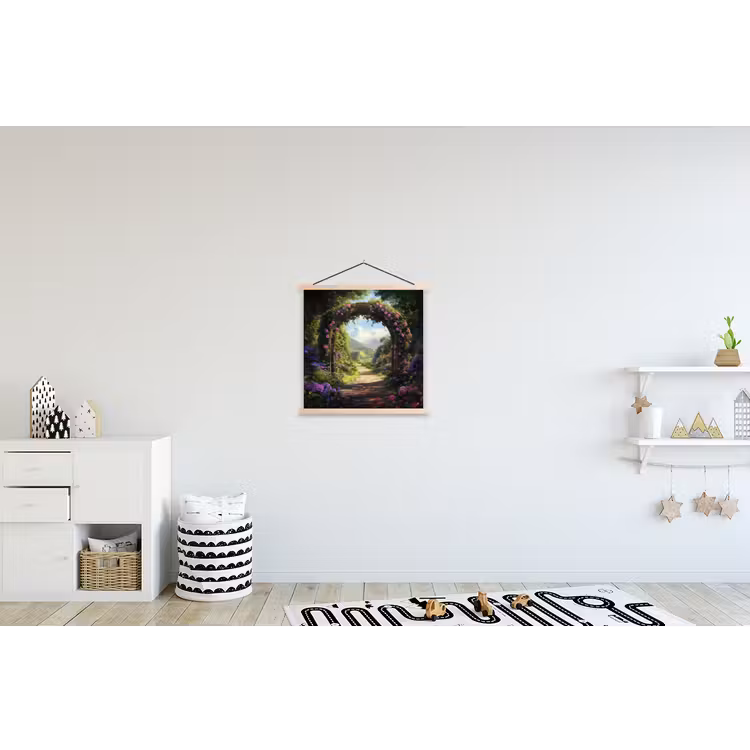 Doorkijk - Rozenboog - Uitzicht - Landschap - Bloemen textielposter latten blank klein -kinderkamer