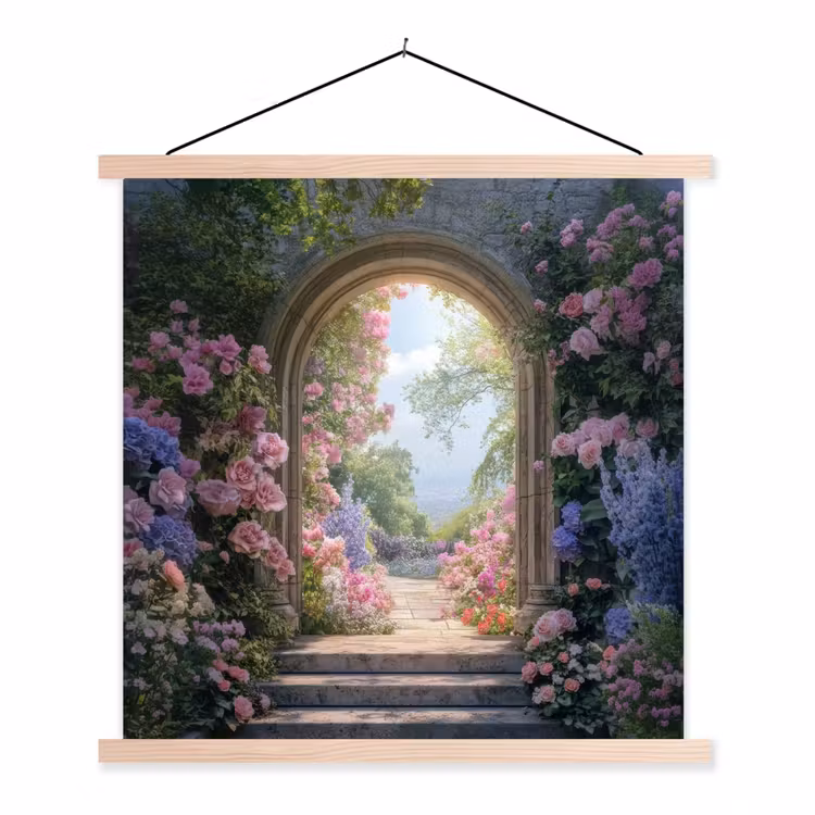 Doorkijk - Rozen - Vintage - Bloemen textielposter latten blank klein -3d