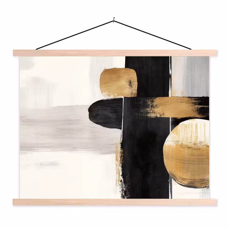 Vormen - Penseelstreken - Abstract - Goud textielposter latten blank klein -3d