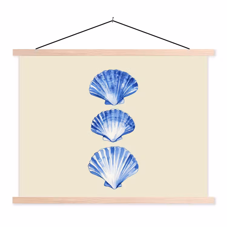 Schelpen - Blauw - Beige textielposter latten blank klein -3d
