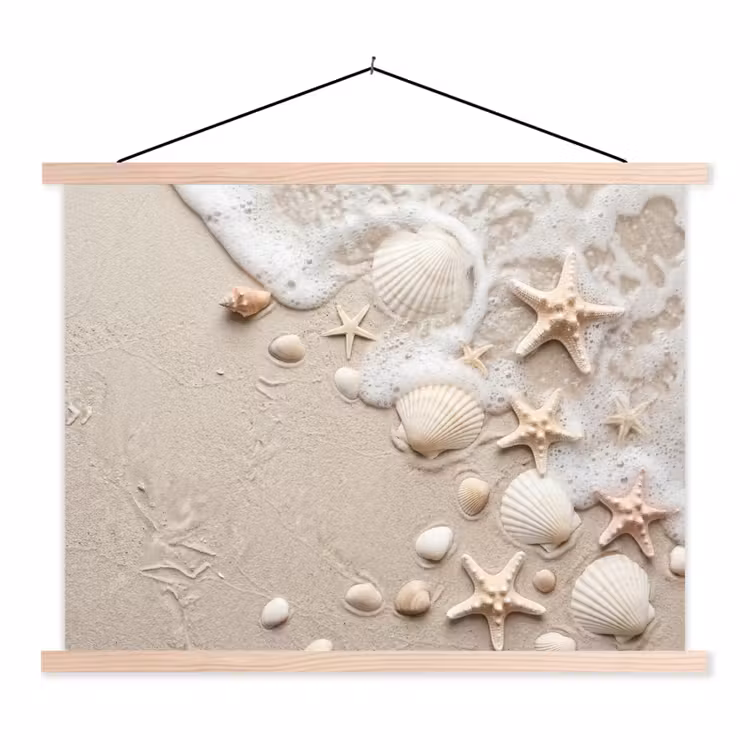 Schelpen - Zeesterren - Strand textielposter latten blank klein -3d