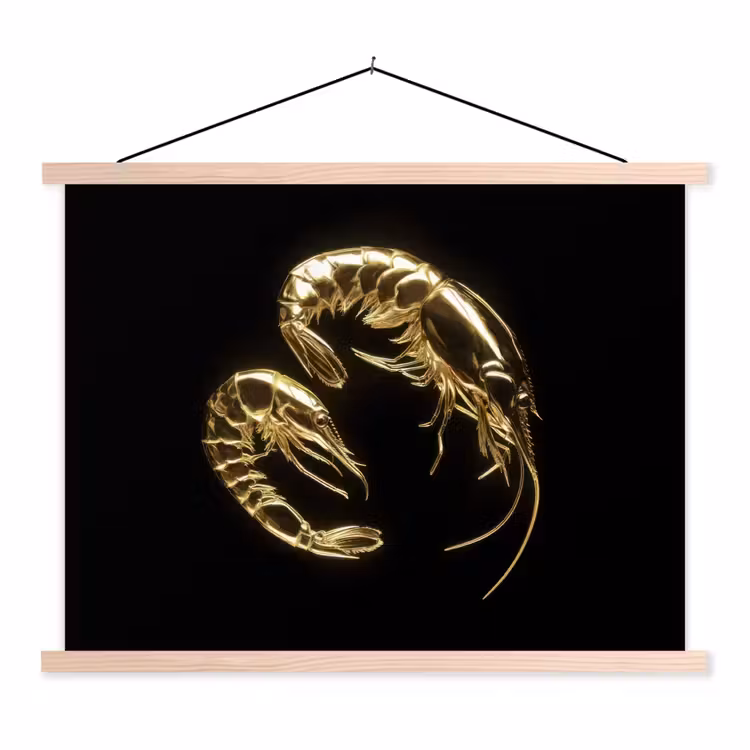 Garnalen - Zwart - Goud - Dieren textielposter latten blank klein -3d