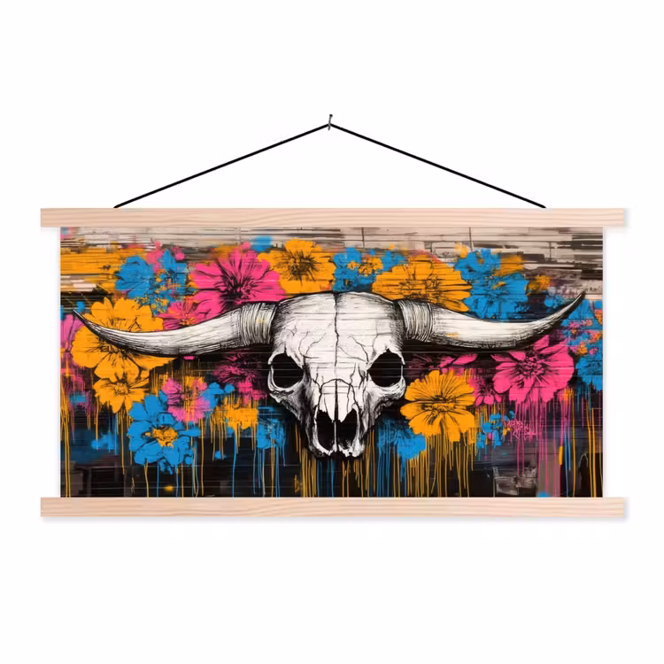 Schedel - Bloemen - Graffiti textielposter latten blank klein -3d