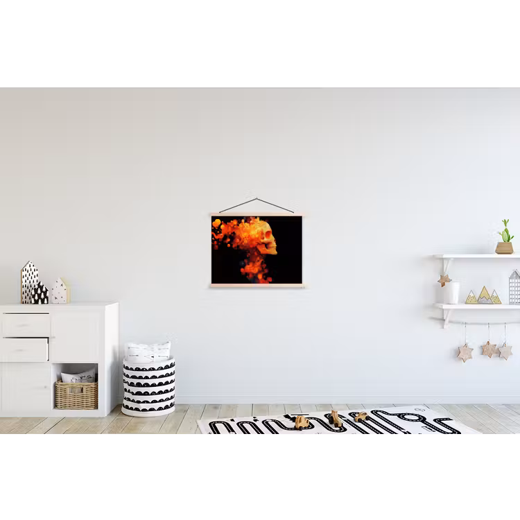 Schedel - Oranje - Zijaanzicht - Vlammen textielposter latten blank klein -kinderkamer
