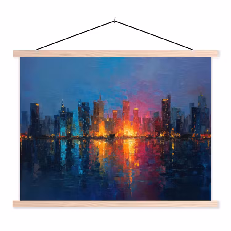 Skyline - Penseelstreken - Donkerblauw - Lichtgevend textielposter latten blank klein -3d