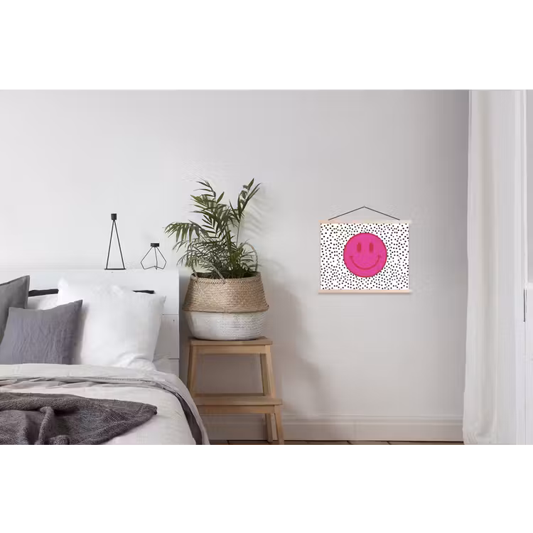 Smiley - Roze - Stippen textielposter latten blank klein -woonkamer