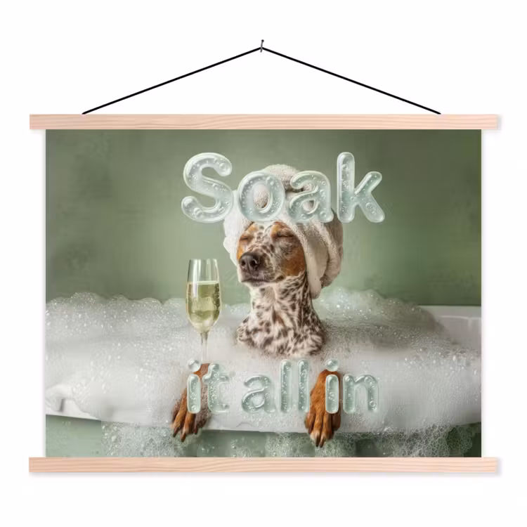 Soak it all in - Hond - Bad textielposter latten blank klein -3d