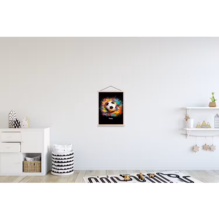 Voetbal omringd door verfklodders textielposter latten blank klein -kinderkamer