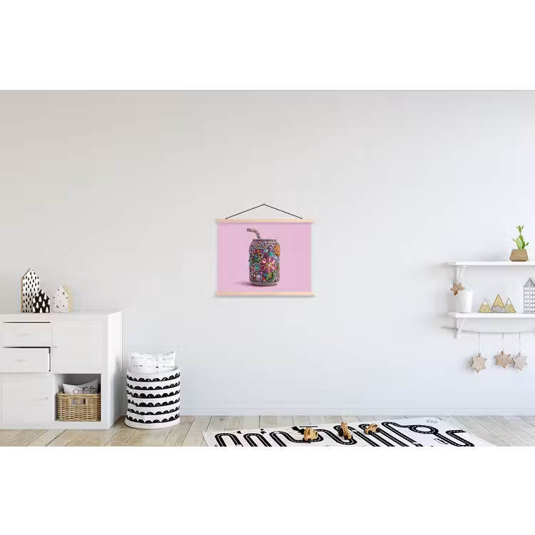 Frisdrankblikje - Bloemenpatroon - Edelstenen - Kleurrijk textielposter latten blank klein -kinderkamer