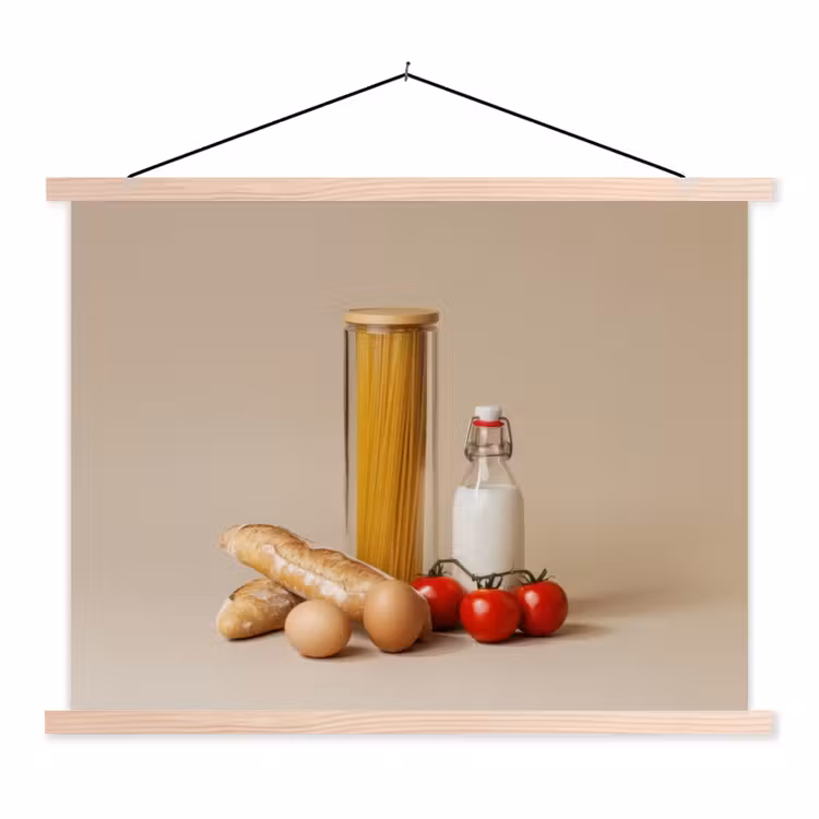 Spaghetti - Melk - Tomaten - Eieren - Brood textielposter latten blank klein -3d
