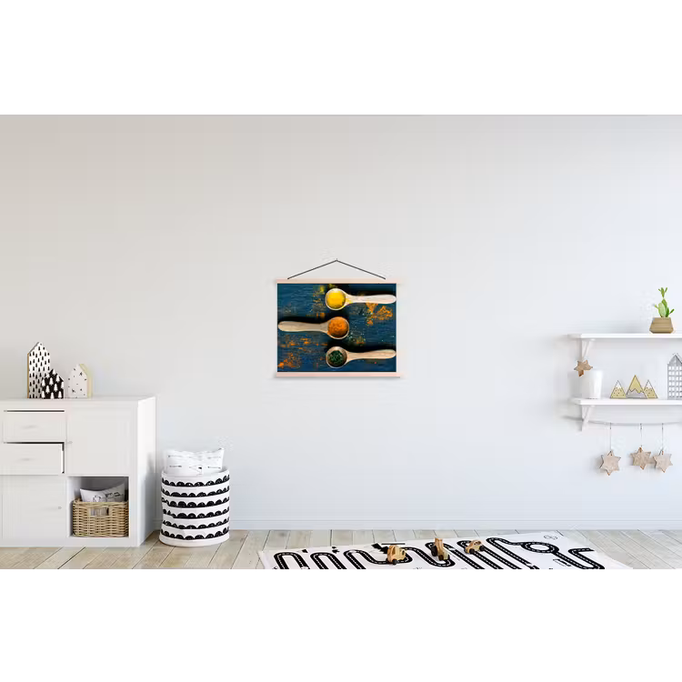 Specerijen - Lepel - Kruiden - Bruin - Geel - Groen textielposter latten blank klein -kinderkamer