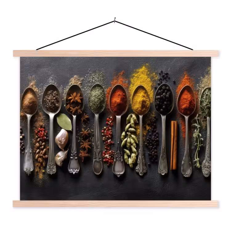 Lepels - Specerijen - Kaneel - Chili textielposter latten blank klein -3d
