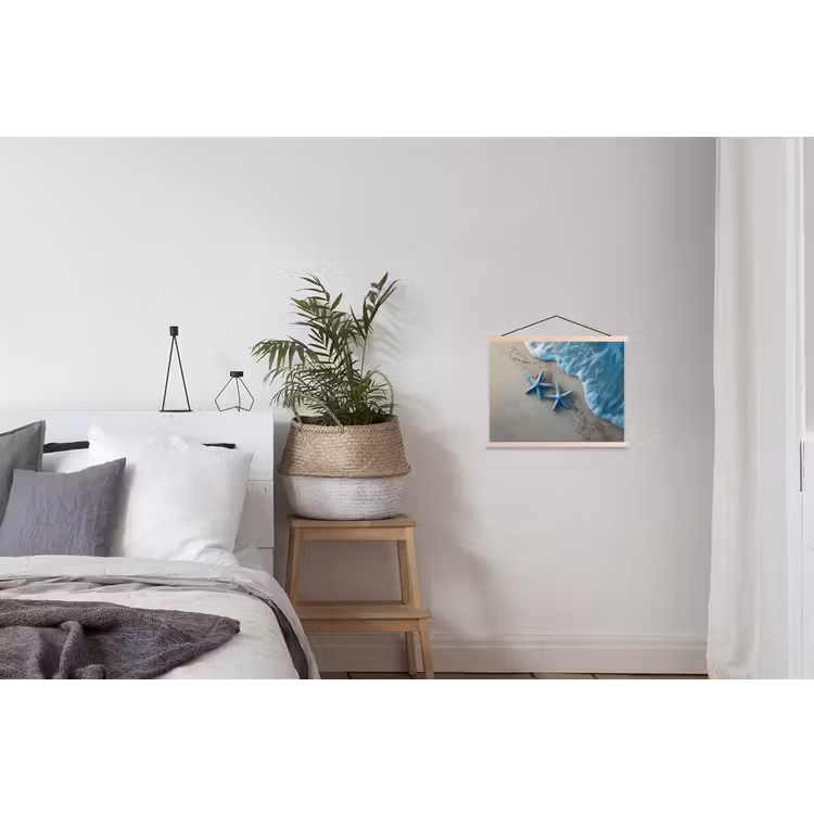 Zeesterren - Zand - Zee - Blauw textielposter latten blank klein -woonkamer