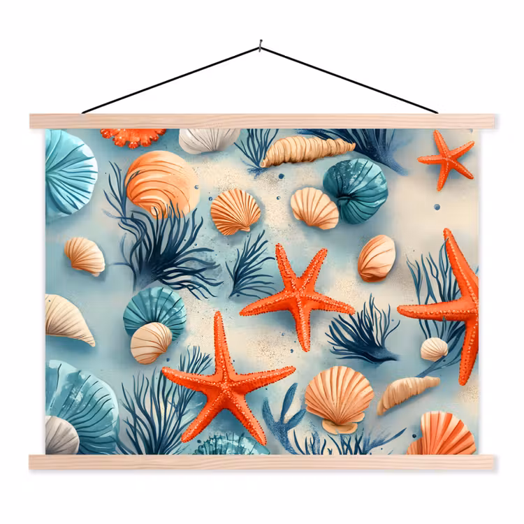 Zeesterren - Schelpen - Illustratie - Zand textielposter latten blank klein -3d