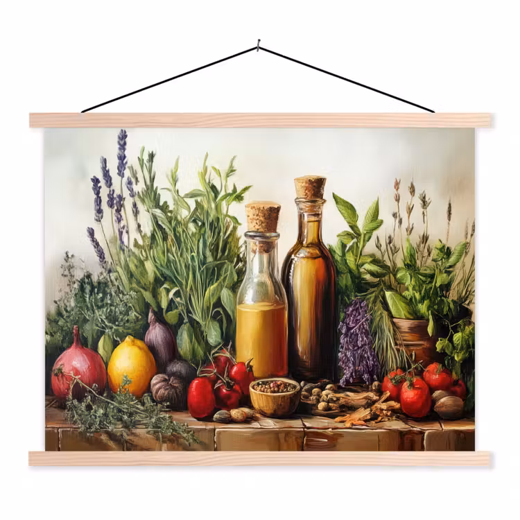 Stilleven - Kruiden - Specerijen - Fruit - Kleurrijk textielposter latten blank klein -3d