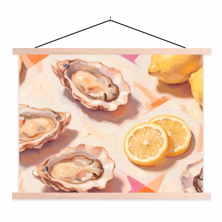 Stilleven - Citroenen - Oesters - Abstract - Oranje textielposter latten blank klein -3d