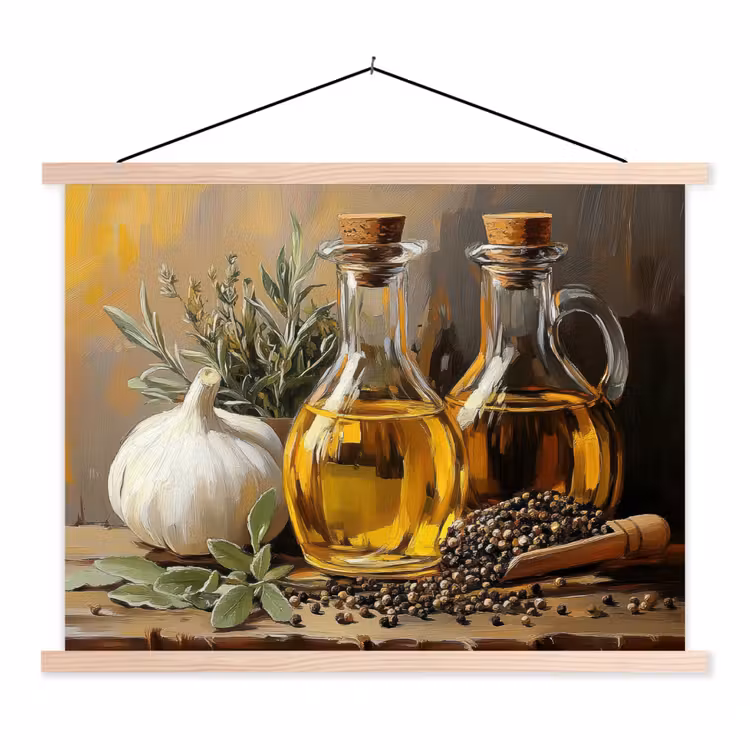 Stilleven - Olijfolie - Knoflook - Kruiden textielposter latten blank klein -3d