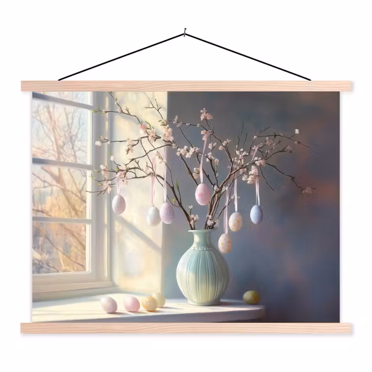 Stilleven - Vaas - Paastak textielposter latten blank klein -3d