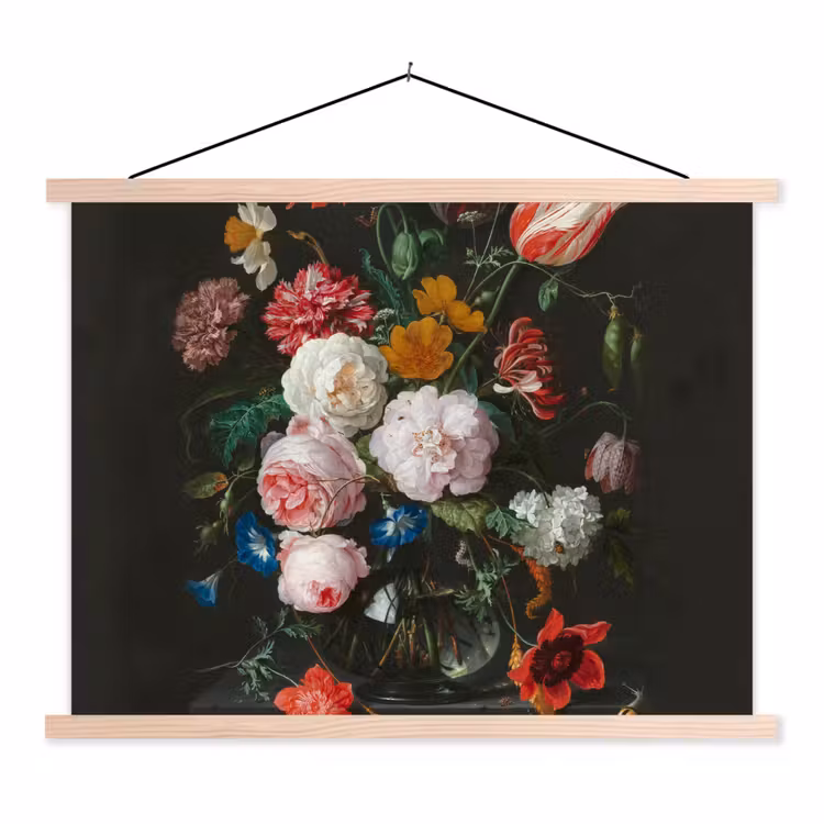 Stilleven met bloemen in een glazen vaas - Schilderij van Jan Davidsz. de Heem textielposter latten blank klein -3d