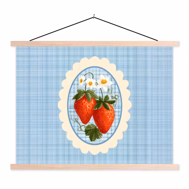 Aardbeien - Lijst - Rood - Geruit textielposter latten blank klein -3d