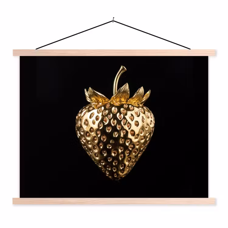 Aardbei - Goud - Zwart - Chrome textielposter latten blank klein -3d