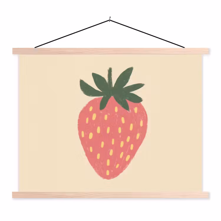 Aardbei - Minimalistisch - Rood - Fruit textielposter latten blank klein -3d