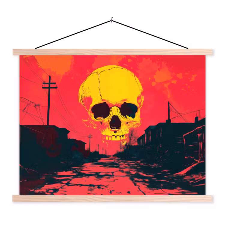 Straat - Verlaten - Schedel - Geel textielposter latten blank klein -3d