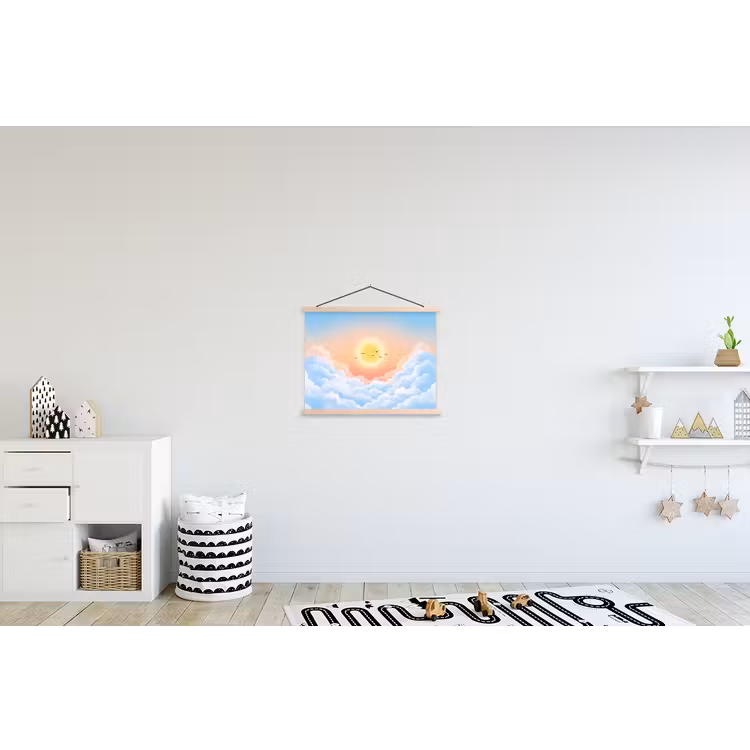 Zon - Vogels - Lucht - Natuur - Geel textielposter latten blank klein -kinderkamer