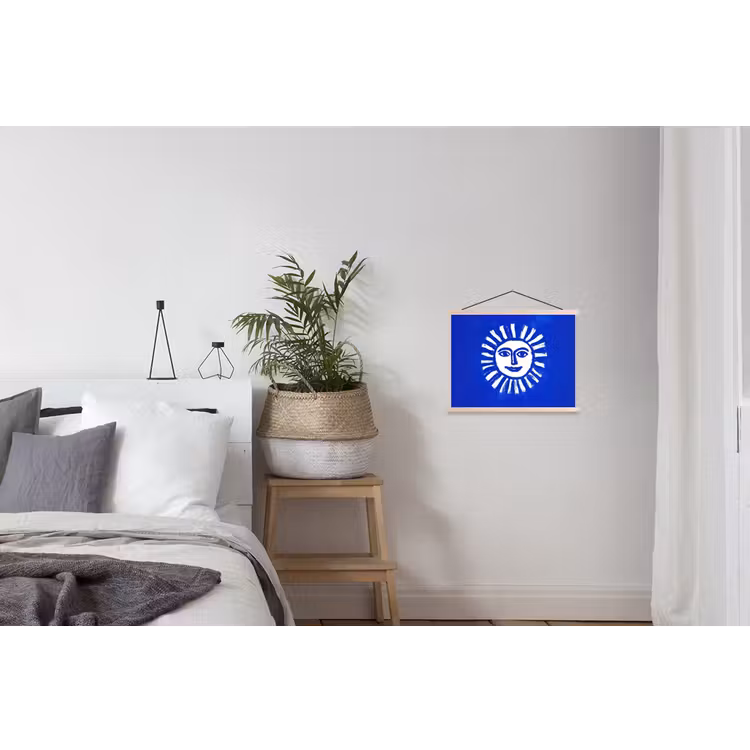Zon - Gezicht - Penseelstructuur - Blauw textielposter latten blank klein -woonkamer