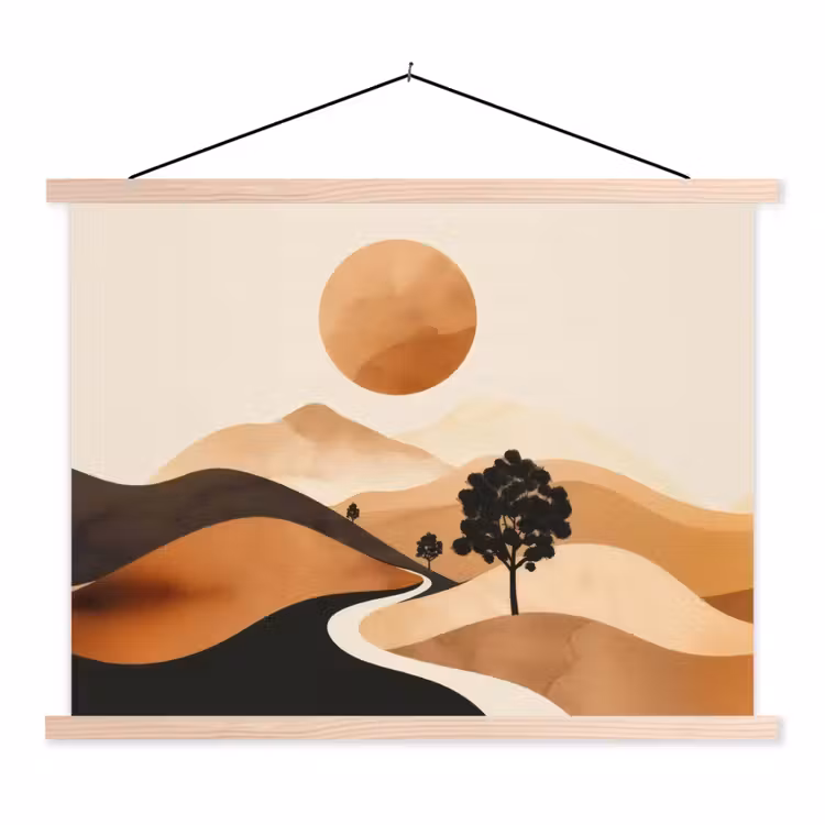 Zon - Heuvels - Boom - Abstract textielposter latten blank klein -3d