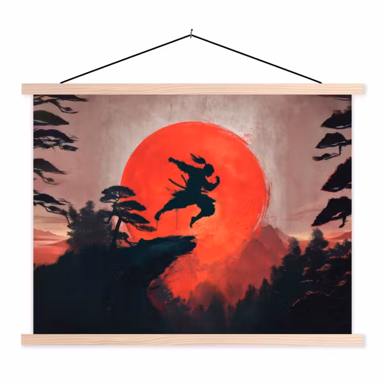 Zon - Krijger - Bomen - Bergen textielposter latten blank klein -3d