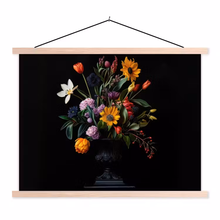 Zonnebloemen - Boeket - Kleurrijk textielposter latten blank klein -3d