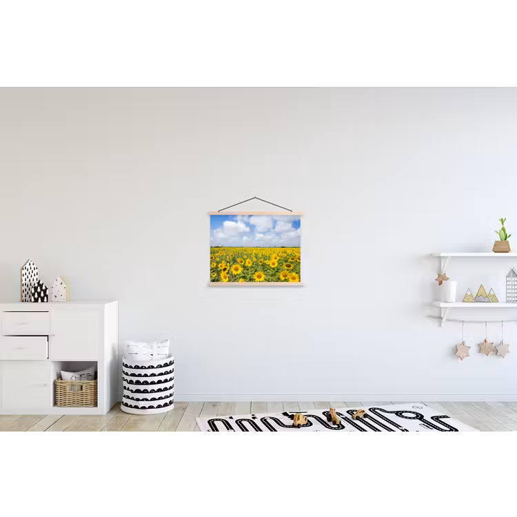 Zonnebloemen - Bloemen - Wolken - Natuur - Geel - Landschap textielposter latten blank klein -kinderkamer