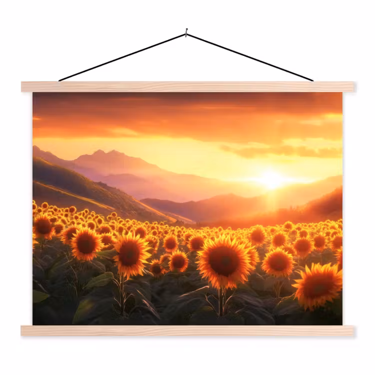 Zonnebloemen - Zonsondergang - Landschap textielposter latten blank klein -3d