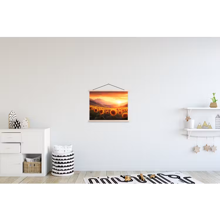 Zonnebloemen - Zonsondergang - Landschap textielposter latten blank klein -kinderkamer