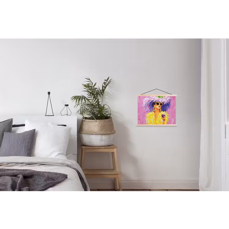 Zonnebril - Vrouw - Jas - Veren textielposter latten blank klein -woonkamer