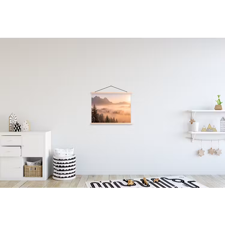 Zonlicht - Mist - Bergen - Bomen textielposter latten blank klein -kinderkamer