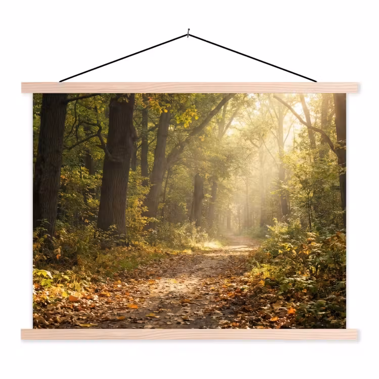 Zonlicht - Bospad - Bomen textielposter latten blank klein -3d