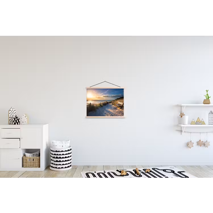 Zonsondergang - Strand - Duin - Gras - Bank textielposter latten blank klein -kinderkamer