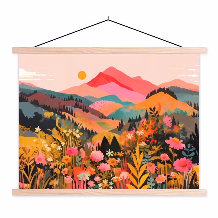 Zonsondergang - Bergvallei - Contrast textielposter latten blank klein -3d