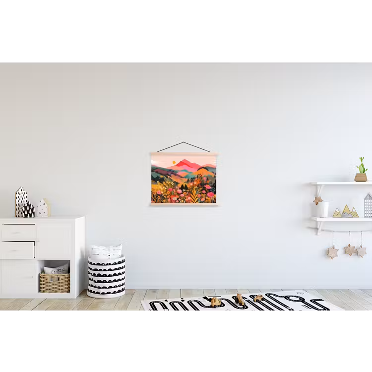 Zonsondergang - Bergvallei - Contrast textielposter latten blank klein -kinderkamer