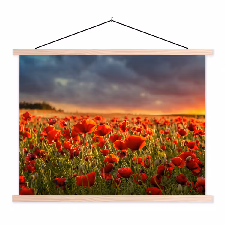 Zonsondergang - Klaprozen - Rood - Bloemen - Veld - Natuur textielposter latten blank klein -3d